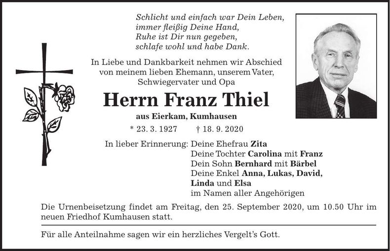 Traueranzeige Franz Thiel