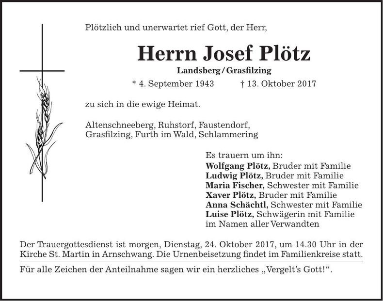 Traueranzeige Josef Plötz