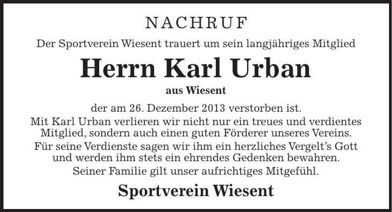 Traueranzeige Karl Urban