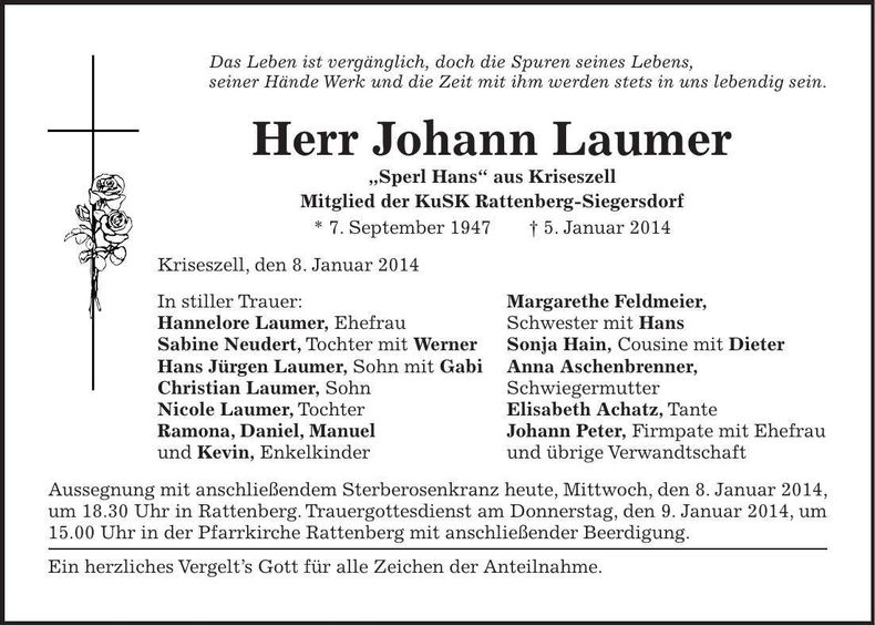 Traueranzeige Johann Laumer
