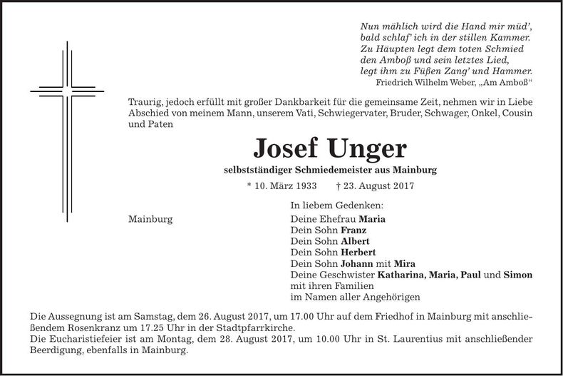 Traueranzeige Josef Unger