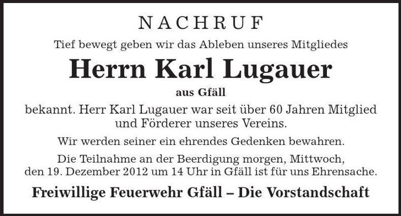 Traueranzeige Karl Lugauer