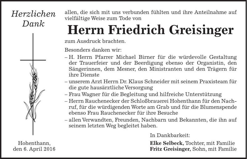 Traueranzeige Friedrich Greisinger