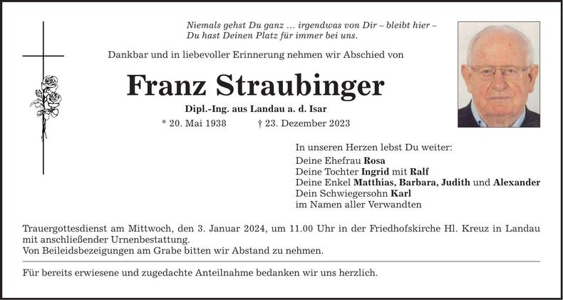 Traueranzeige Franz Straubinger