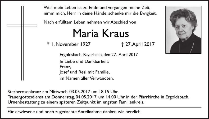 Traueranzeige Maria Kraus