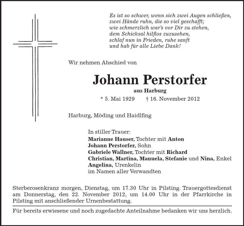Traueranzeige Johann Perstorfer