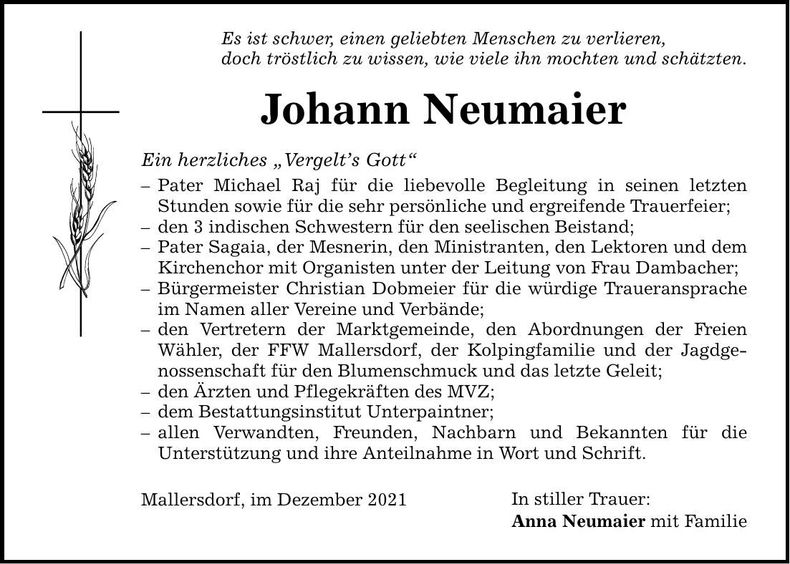 Traueranzeige Johann Neumaier