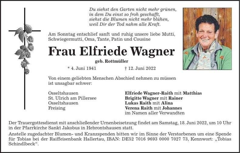 Traueranzeige Elfriede Wagner