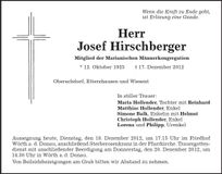 Traueranzeige Josef Hirschberger