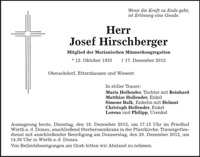 Traueranzeige Josef Hirschberger