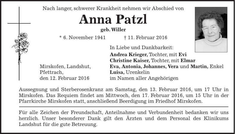 Traueranzeige Anna Patzl