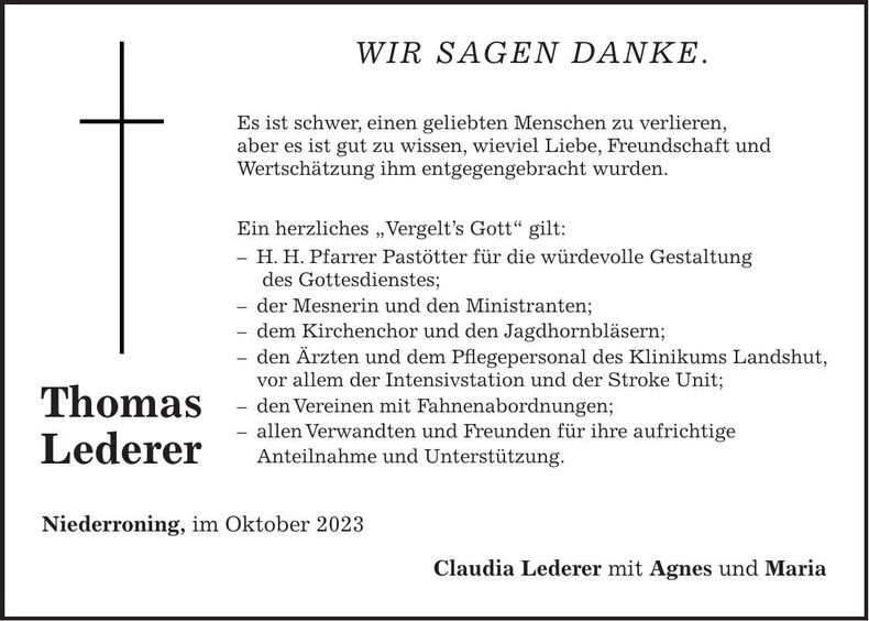 Traueranzeige Thomas Lederer