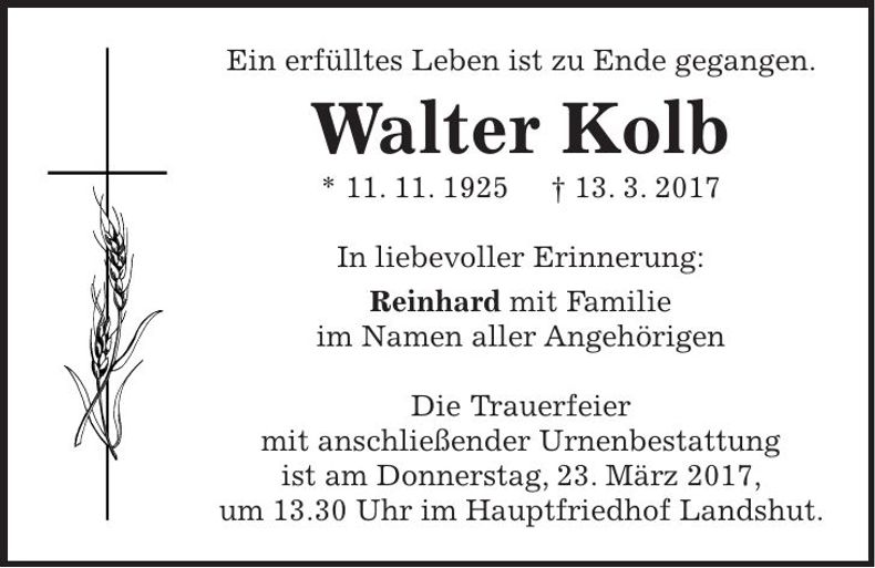 Traueranzeige Walter Kolb