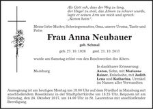 Traueranzeige Anna Neubauer