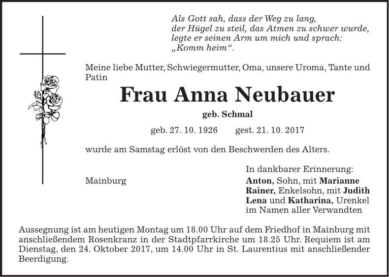 Traueranzeige Anna Neubauer