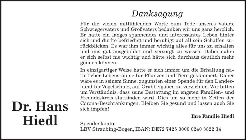 Traueranzeige Dr Hans Hiedl