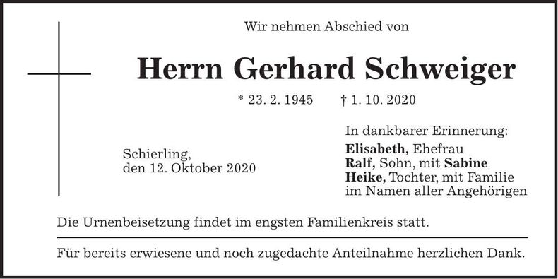 Traueranzeige Gerhard Schweiger