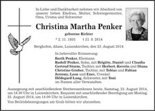Traueranzeige Christina Martha Penker