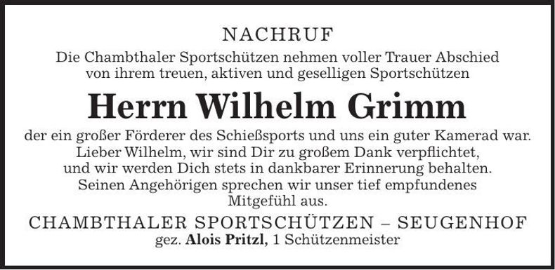 Traueranzeige Wilhelm Grimm