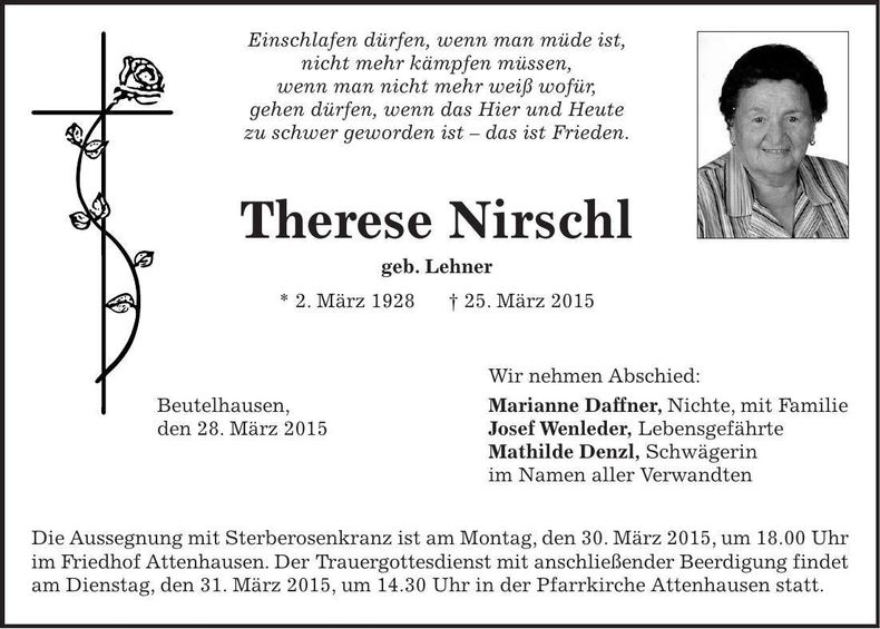 Traueranzeige Therese Nirschl