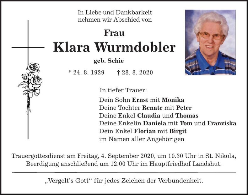 Traueranzeige Klara Wurmdobler