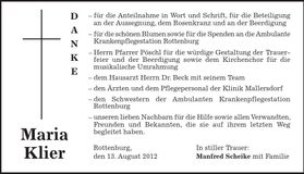 Traueranzeige Maria Klier