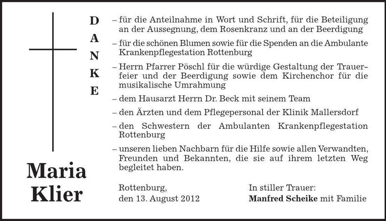 Traueranzeige Maria Klier