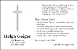 Traueranzeige Helga Geiger