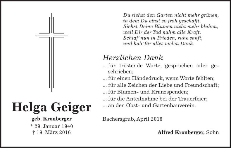 Traueranzeige Helga Geiger