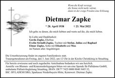 Traueranzeige Dietmar Zapke