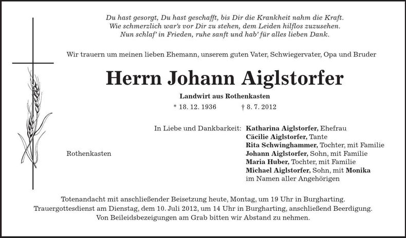 Traueranzeige Johann Aiglstorfer