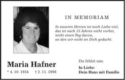 Traueranzeige Maria Hafner