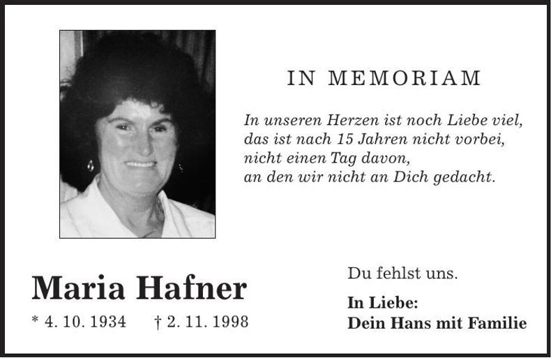 Traueranzeige Maria Hafner