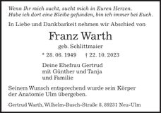 Traueranzeige Franz Warth
