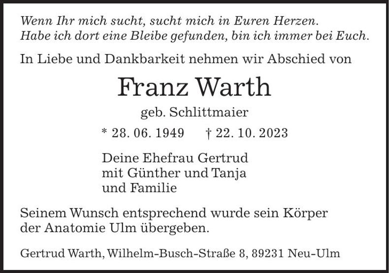 Traueranzeige Franz Warth