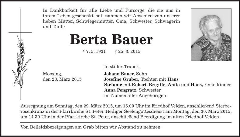 Traueranzeige Berta Bauer