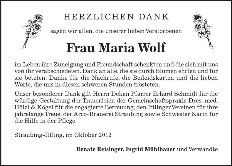 Traueranzeige Maria Wolf