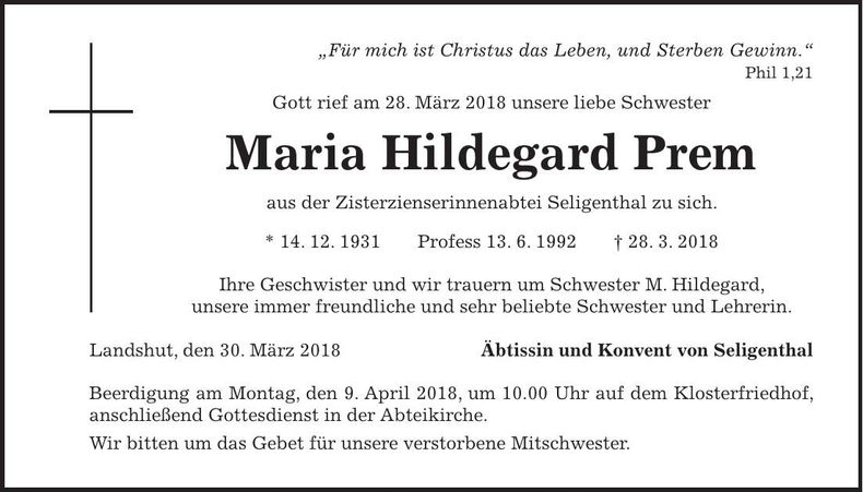 Traueranzeige Maria Hildegard Prem