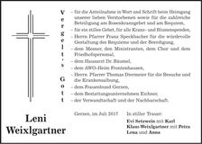 Traueranzeige Leni Weixlgartner