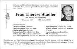 Traueranzeige Therese Stadler