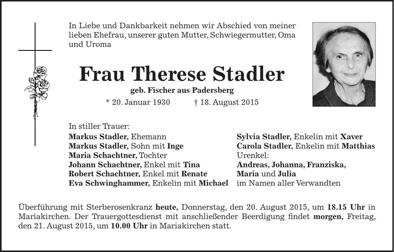 Traueranzeige Therese Stadler