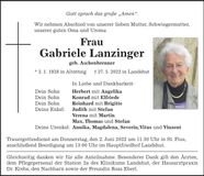 Traueranzeige Gabriele Lanzinger