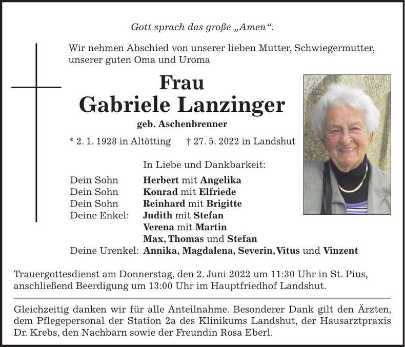 Traueranzeige Gabriele Lanzinger