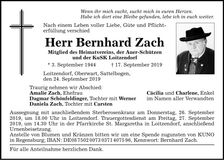 Traueranzeige Bernhard Zach