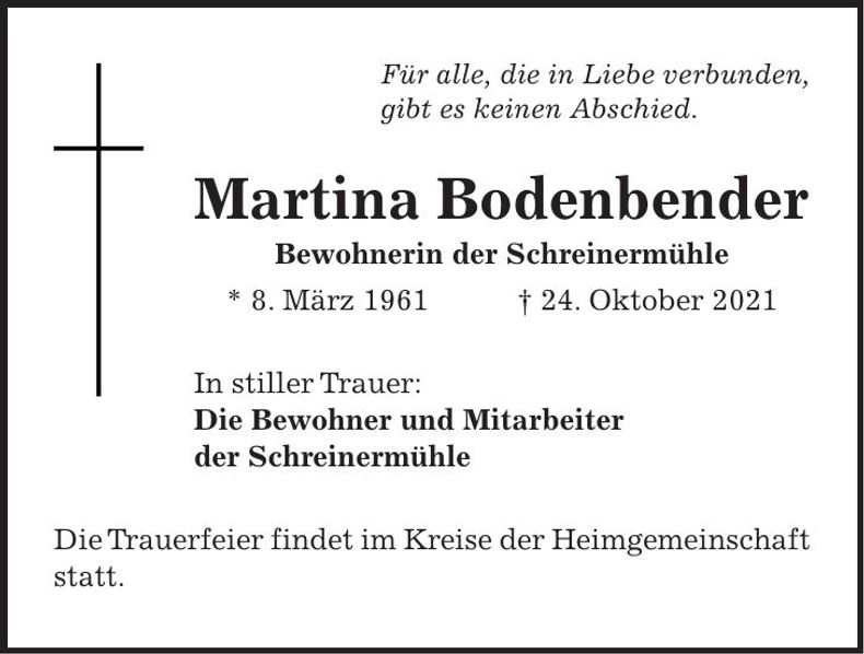 Traueranzeige Martina Bodenbender