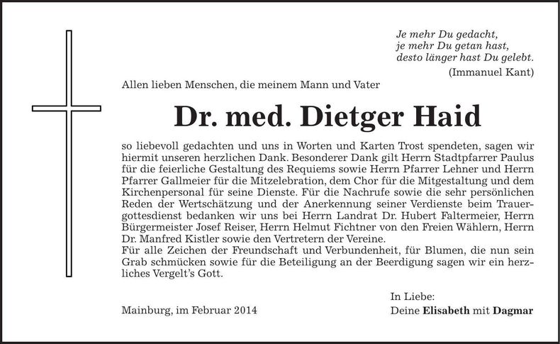 Traueranzeige Dr med Dietger Haid