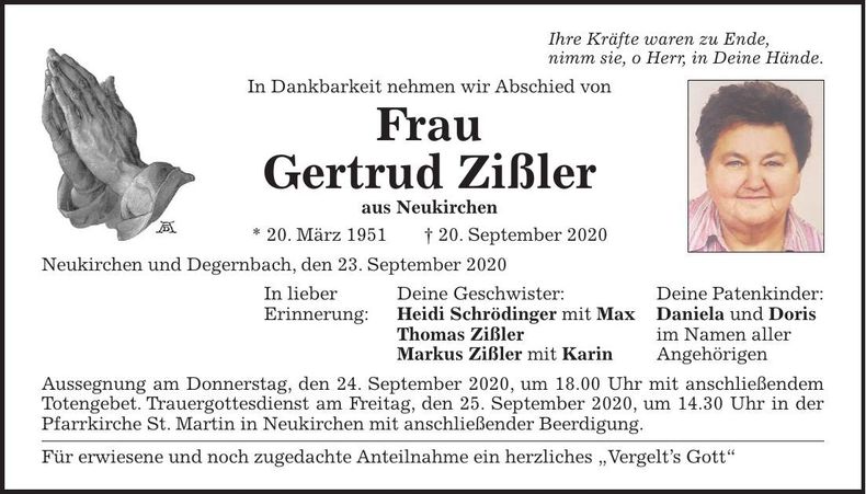 Traueranzeige Zießler Gertrud