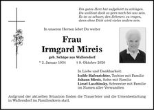 Traueranzeige Irmgard Mireis