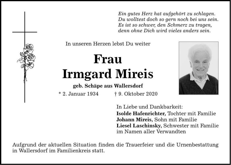 Traueranzeige Irmgard Mireis