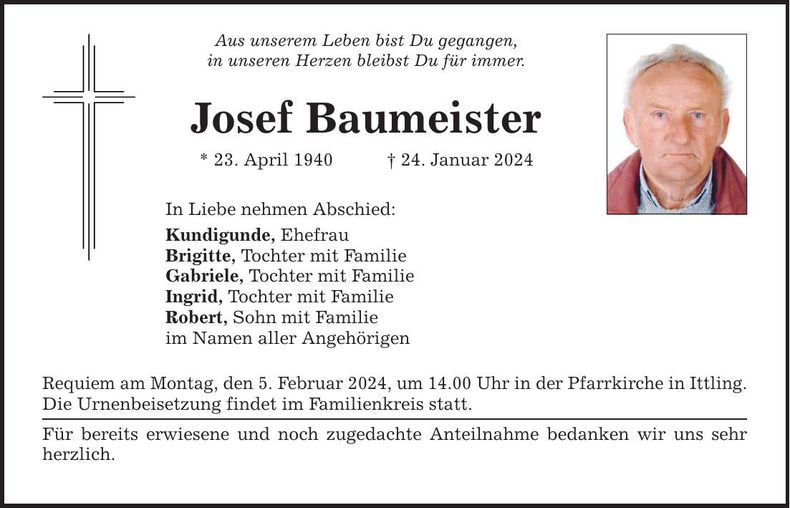 Traueranzeige Josef Baumeister